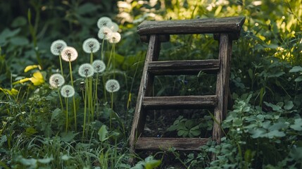 Naklejka premium A rustic scene with dandelion flowers growing near an old wooden ladder, surrounded by overgrown grass