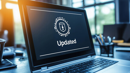 Close-up of computer screen showing software update notification with progress bar, blurred code and technical icons, symbolizing software maintenance and security.
