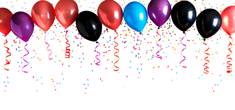 Creative party template. Colourful dark bright neon balloon, streamer, confetti on transparent background cutout, PNG file. Mockup template for artwork. Wallpaper banner	
