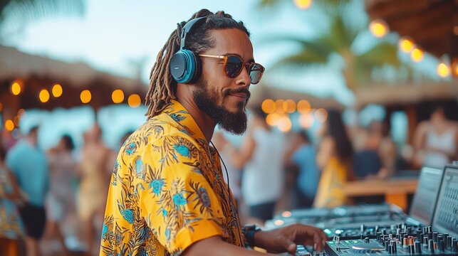 An energetic party with a live band performing and a DJ mixing songs, with vibrant lights and people dancing, surrounded by playlists of their favorite tunes