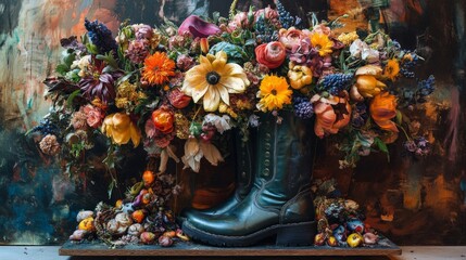 Fototapeta premium A vibrant floral arrangement in worn leather boots