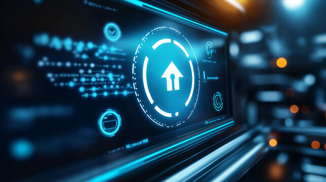 Close-up of computer screen showing software update notification with progress bar, blurred code and technical icons, symbolizing software maintenance and security.