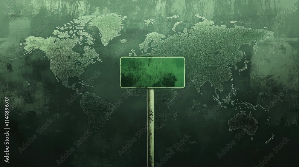 Poster road sign against a world map background, featuring a green color scheme to represent global navigat