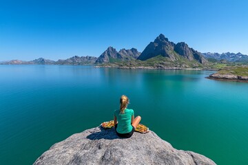 A tourist enjoying a picnic on the rocky edge of a fjord, with a panoramic view of the calm sea and dramatic cliffs