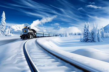 Vintage Train Gliding on Snow-Covered Train Track
