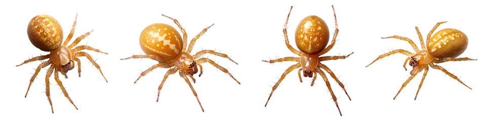Obraz premium Four golden spiders displayed in a row, showcasing their intricate details and textures.
