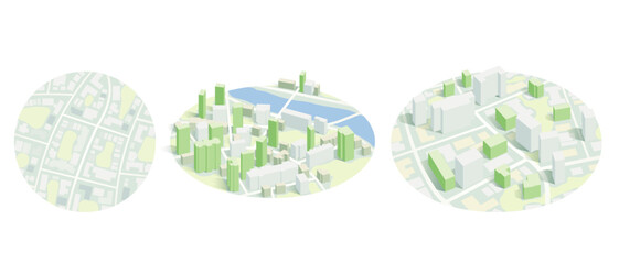 Set of map views. Urban planning for development smart city. 3D isometric city map with river. Detailed view of skyline with dense infrastructure and architecture. Vector illustration, isolated