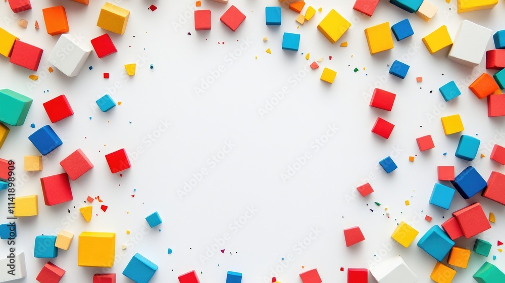 Poster White background with scattered colorful blocks in multiple shapes and sizes, offering a creative and energetic design space in the center