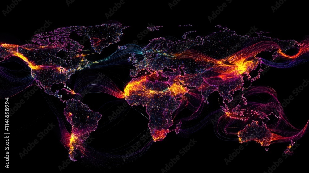 Leinwandbilder World map illuminated by flowing digital data streams, creating a futuristic visualization of global connectivity and data processing