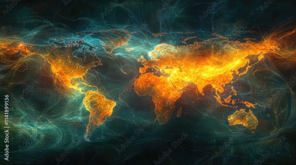 Aufkleber World map illuminated by flowing digital data streams, creating a futuristic visualization of global connectivity and data processing