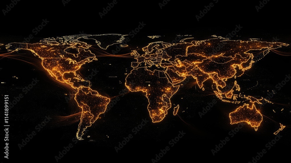 Fototapete World map illuminated by flowing digital data streams, creating a futuristic visualization of global connectivity and data processing