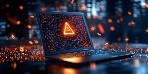 A glowing laptop displays a triangular symbol amidst a digital backdrop of particles.