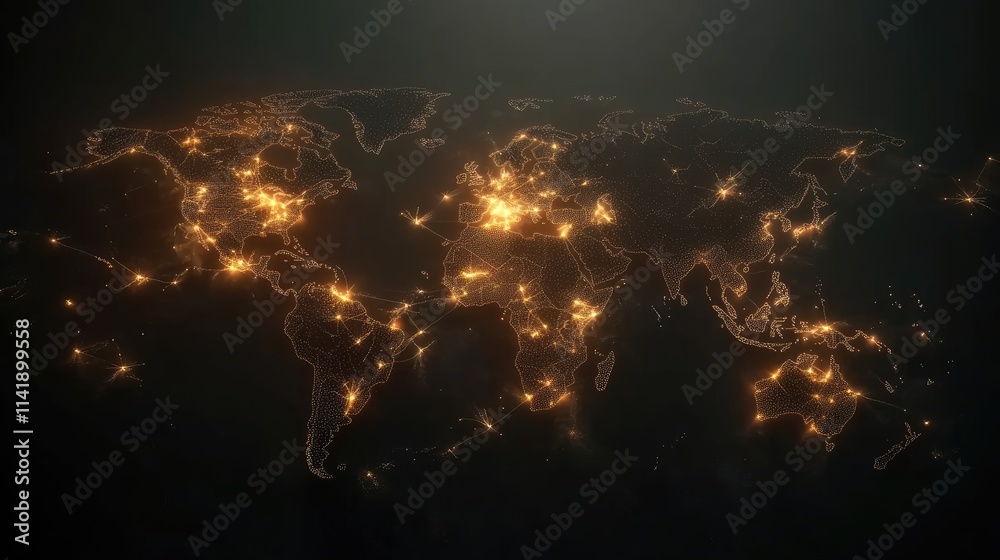 Poster World map with digital data processing and illuminated connections on a dark backdrop, representing information flow across borders