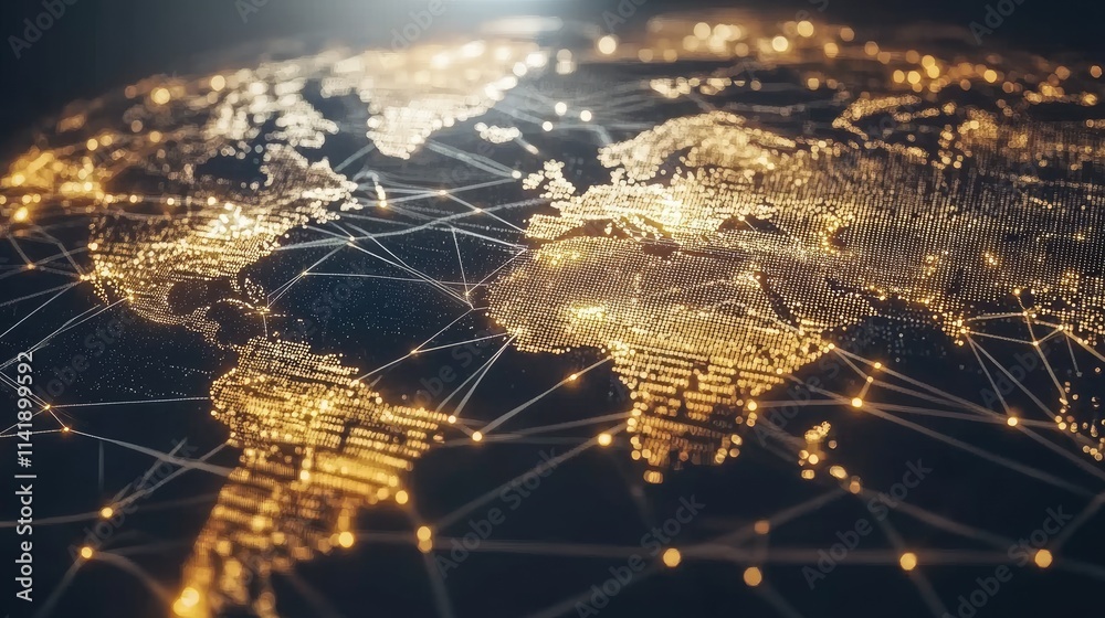 Poster World map with digital data processing and illuminated connections on a dark backdrop, representing information flow across borders