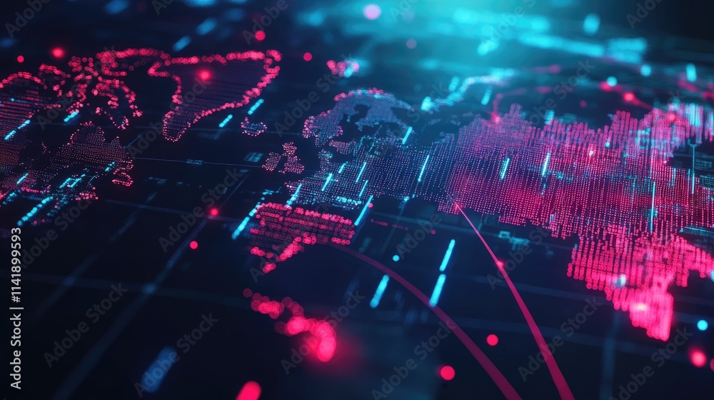Poster World map with digital data processing and illuminated connections on a dark backdrop, representing information flow across borders
