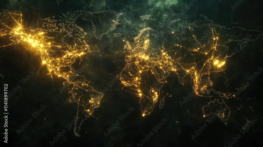 Poster World map with digital data processing and illuminated connections on a dark backdrop, representing information flow across borders