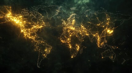 Fototapeta premium World map with digital data processing and illuminated connections on a dark backdrop, representing information flow across borders