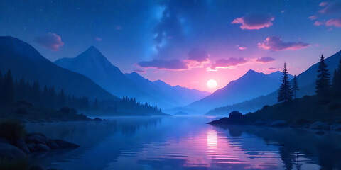 Night Landscape with Mountains, Forest, and Starry Sky Reflection