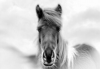 the horse close-up in black and white