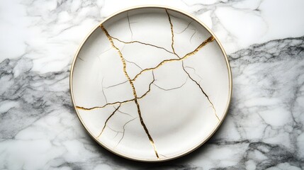 Ivory earthenware plate with gold-infused cracks on a minimalist marble surface, representing the intersection of traditional Japanese craftsmanship and modern design