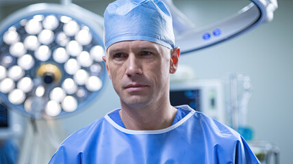 A focused doctor wearing a blue surgical gown and cap, standing in a hospital setting with blurred medical equipment and light in the background, highlighting his professional environment.