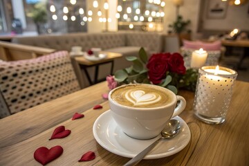 Latte with Heart Foam Art on a Cozy Café Table