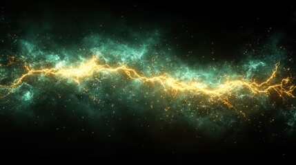 Naklejka premium Abstract energy wave, glowing plasma, teal and gold lightning streaks on dark background.