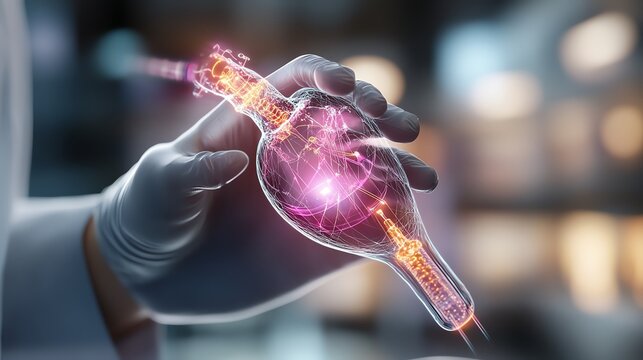 A holographic image of a pancreas being repaired by nanotechnology, symbolizing future cures