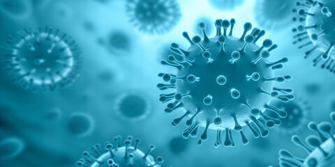 3D Virus Particles Illustration with Spikes in a Microscopic Teal Environment