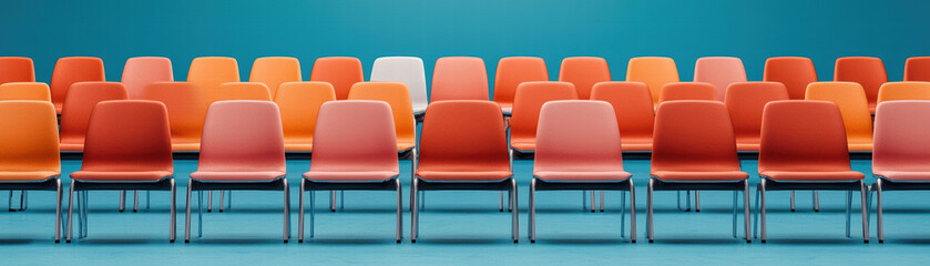 Fototapeta premium Empty lecture hall seats in vibrant orange and white colors create striking visual. clean lines and modern design evoke sense of anticipation and readiness for learning