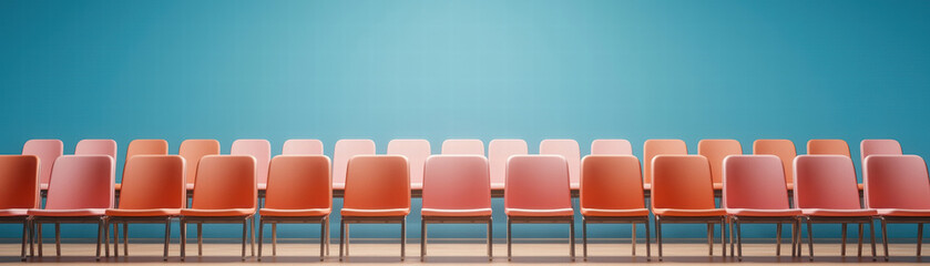 Fototapeta premium row of empty lecture hall seats in vibrant colors against blue wall, creating clean and inviting atmosphere for learning and engagement