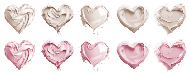 2 Collection set of pastel light beige cream pink, love heart shape blob paint ink liquid smear smudge swatch cream gel wax on transparent cutout, PNG. Many different design. Mockup template artwork	
