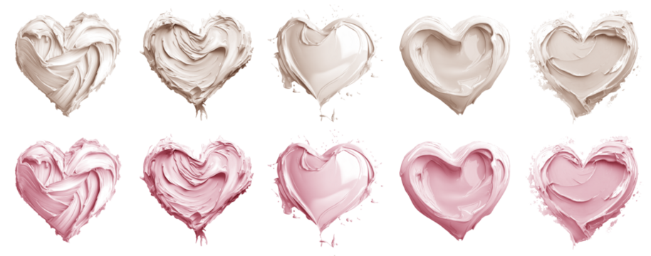 2 Collection set of pastel light beige cream pink, love heart shape blob paint ink liquid smear smudge swatch cream gel wax on transparent cutout, PNG. Many different design. Mockup template artwork	
