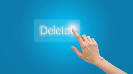 Hand Pressing a Delete Button on a Blue Background.