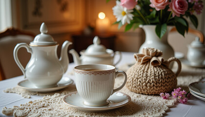 Fototapeta premium Unexpected elegance in a cozy tea setting with handcrafted details and floral accents at dusk