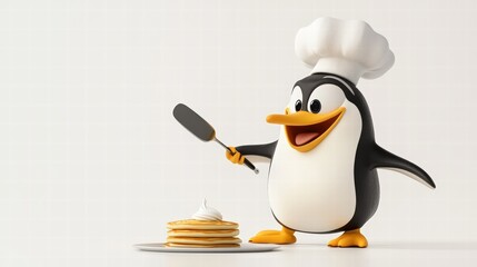Obraz premium Cheerful Penguin Chef Preparing Pancakes with a Spatula