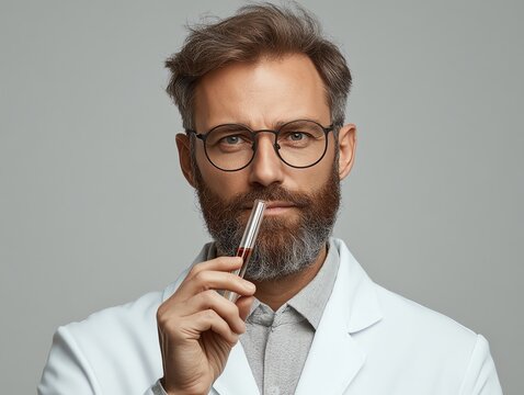A scientist in a lab, looking hopeful while holding a test tube representing a diabetes breakthrough