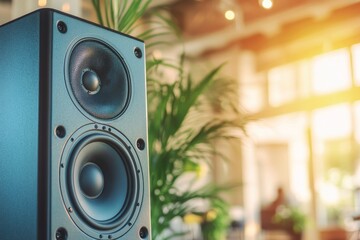 A Close-Up View of a High-Quality Speaker Standing in a Bright and Airy Room Surrounded by Lush...