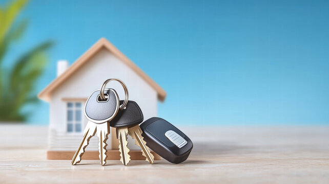 set of house keys and remote security fob placed near miniature house, symbolizing home security and ownership. scene conveys sense of safety and comfort - Powered by Adobe