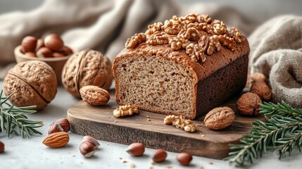 Freshly Baked Walnut Loaf with Rustic Nuts and Greenery on Wooden Board, Perfect for Cozy Baking Moments and Healthy Snack Ideas in Natural Light