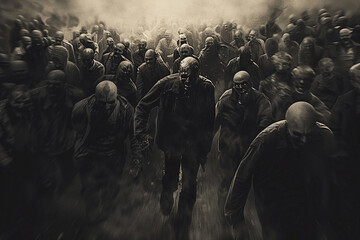 Scary sinister zombie wandering in street with dramatic lighting