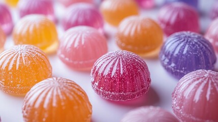 Obraz premium Colorful Jelly Confections in Various Shades and Shapes Spread Across a Bright Surface, Showcasing a Sweet and Whimsical Candy Display Perfect for Any Treat Collection