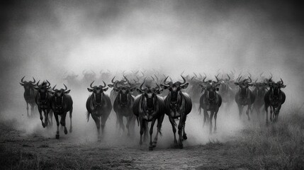 Black and white image of a wildebeest herd running in dusty savanna.