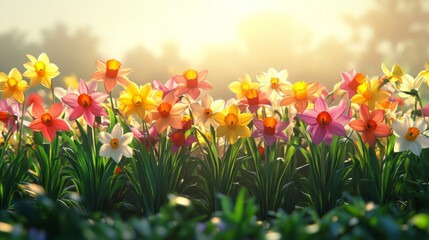 Fototapeta premium Vibrant Daffodils Blooming in Sunlight Field