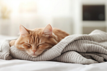 Ginger cat sleeping on a bed with a blanket, cozy home interior background.