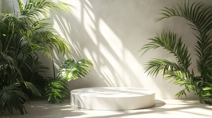 Minimal white podium surrounded by lush green plants and soft light