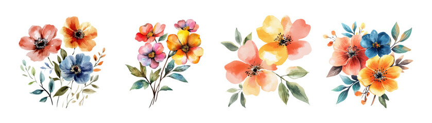 Obraz premium Set of watercolor flowers on a white background.