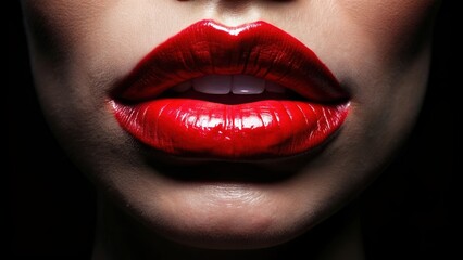 Fototapeta premium Juicy red lips stand out against a sleek black background , lipstick, makeup, beauty, sensual, vibrant, glamorous