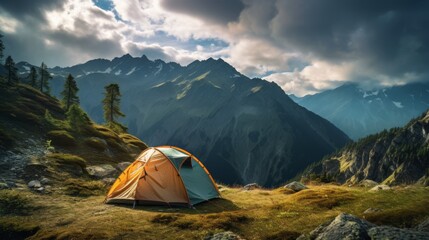 Tent in mountains, hiking, summer nature