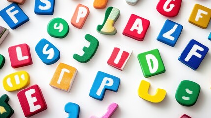 Fototapeta premium Colorful Wooden Alphabet Blocks Stacked and Scattered on White Background Perfect for Educational and Creative Concepts for Children’s Learning Activities and Development